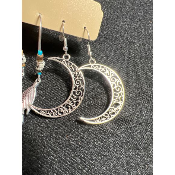 Boho silver turquoise sun moon feather 3 pair of fashion earrings NWT - Picture 6 of 6